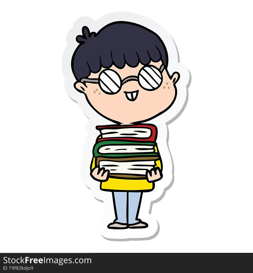 sticker of a cartoon nerd boy with spectacles and book