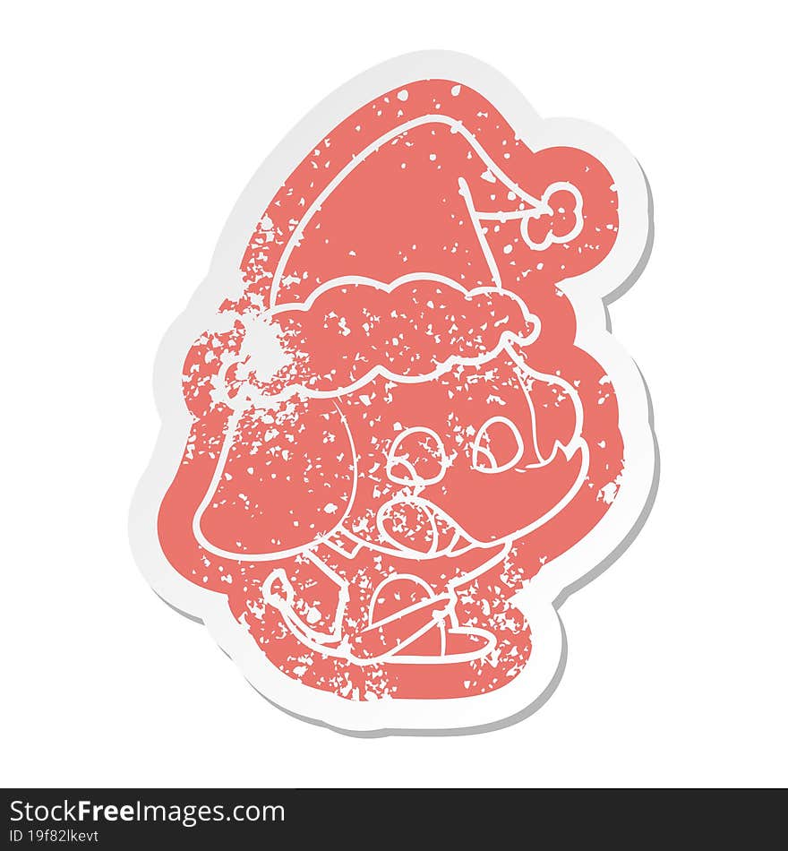 cute cartoon distressed sticker of a elephant wearing santa hat