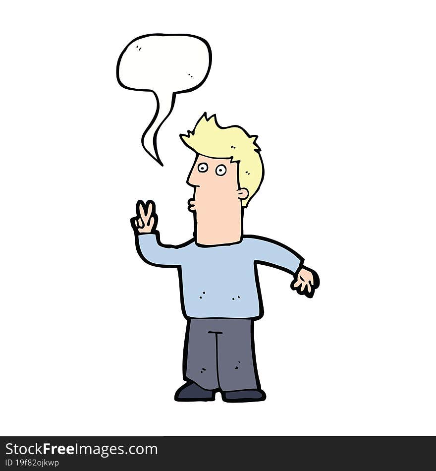 Cartoon Man Giving Peace Sign With Speech Bubble