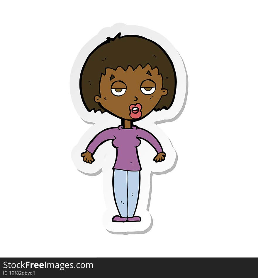 sticker of a cartoon woman shrugging shoulders