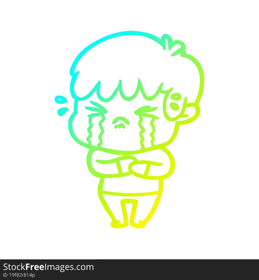 cold gradient line drawing of a cartoon boy crying