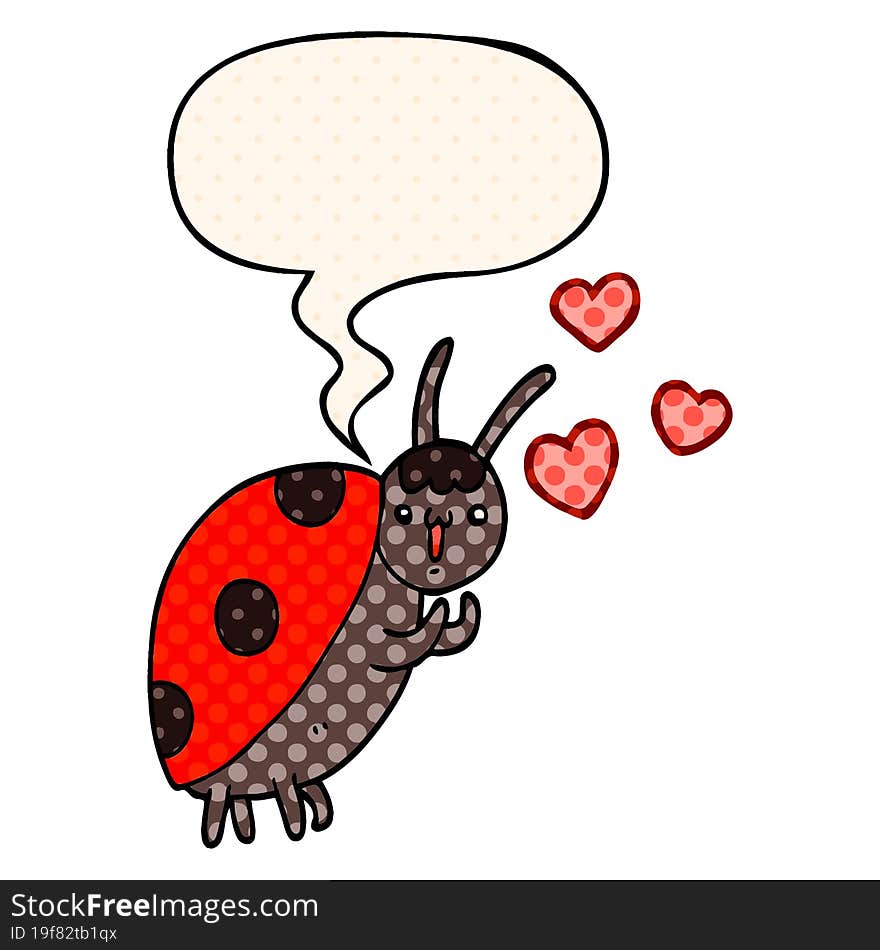 cute cartoon ladybug in love with speech bubble in comic book style