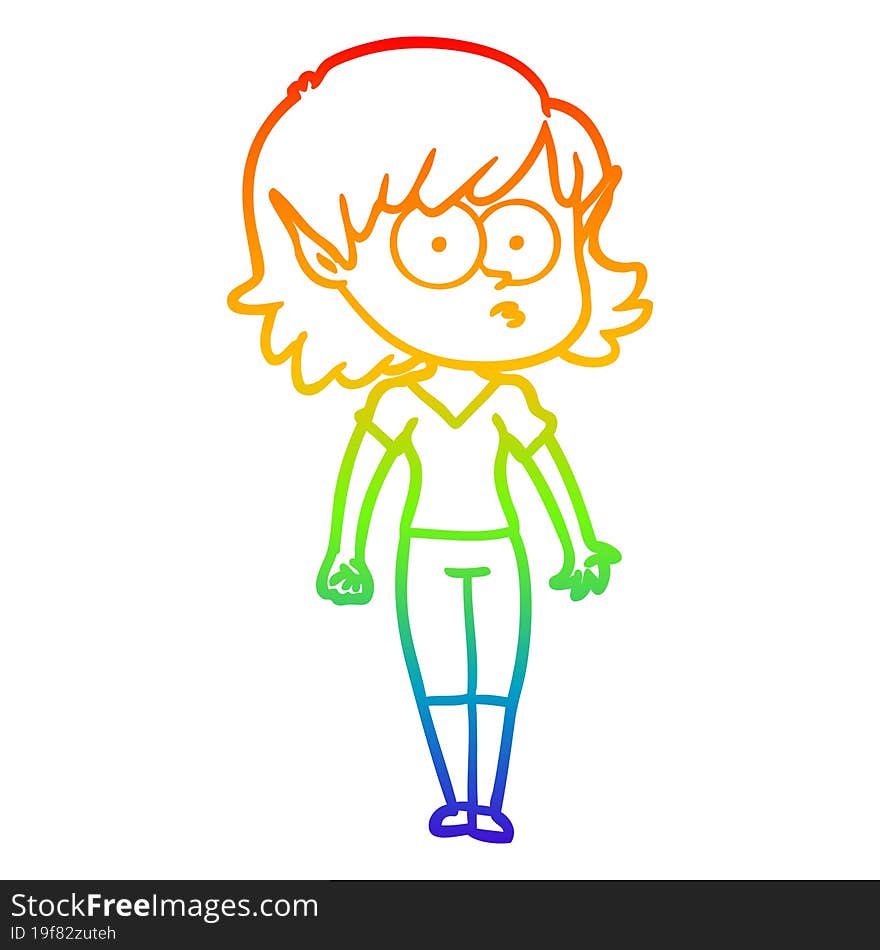 rainbow gradient line drawing cartoon elf girl staring