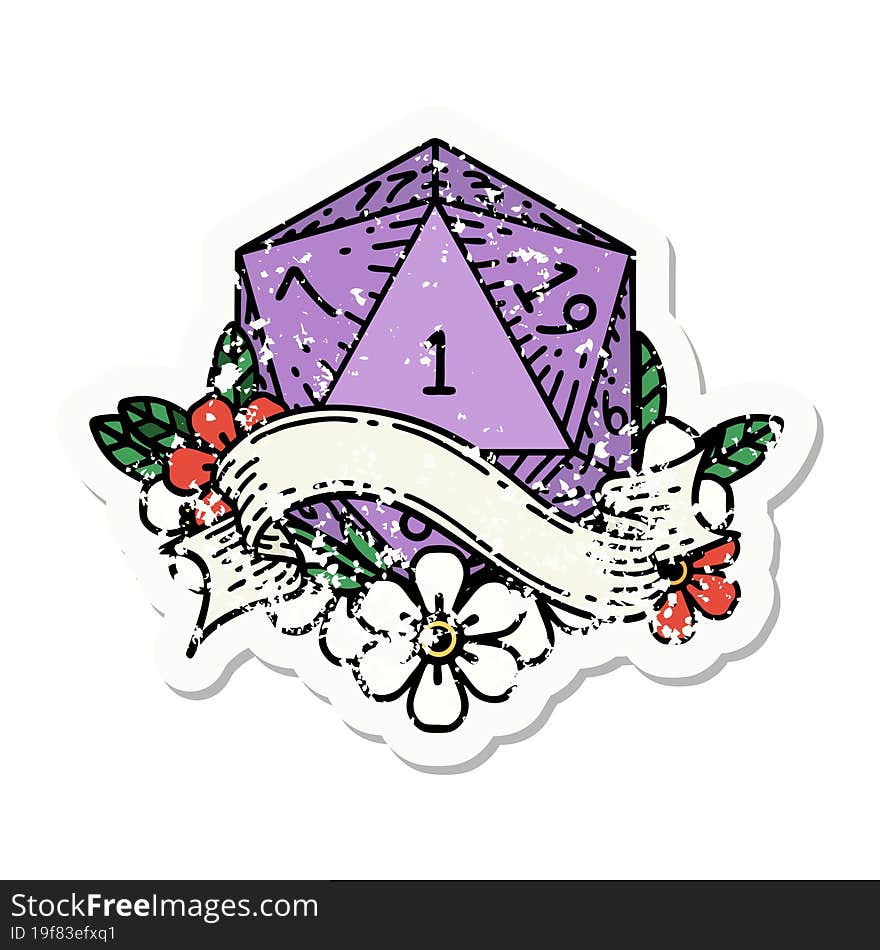 grunge sticker of a natural one d20 dice roll. grunge sticker of a natural one d20 dice roll