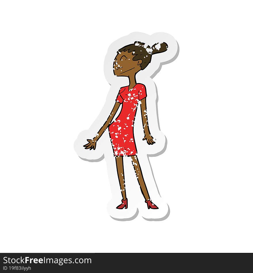 retro distressed sticker of a cartoon woman in dress