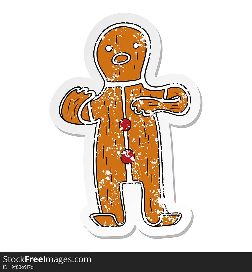 distressed sticker cartoon doodle of a gingerbread man