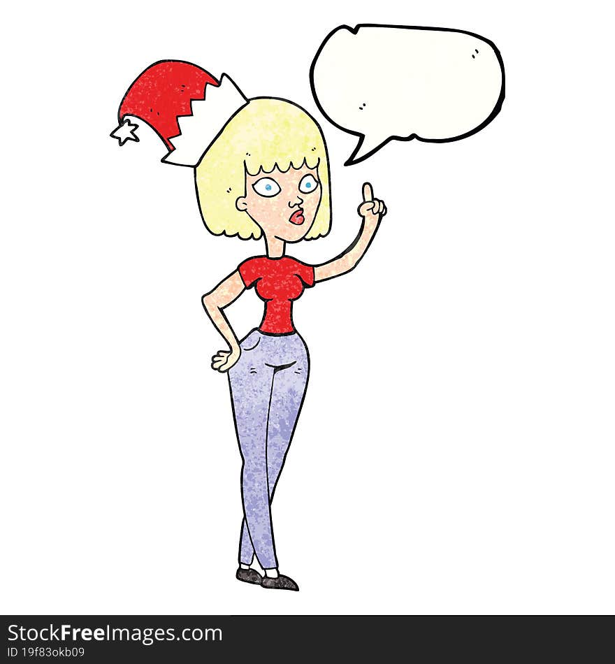 speech bubble textured cartoon woman wearing christmas hat