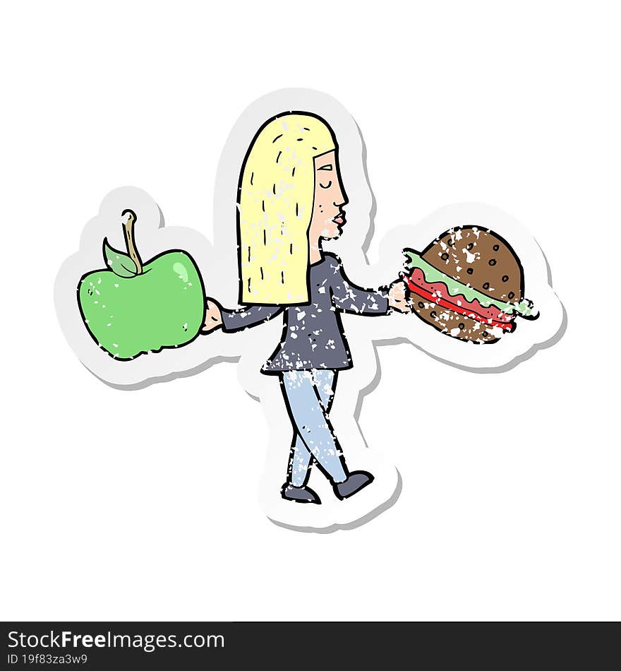 retro distressed sticker of a cartoon woman deciding to eat healthy