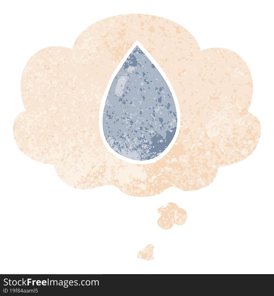 cartoon water droplet with thought bubble in grunge distressed retro textured style. cartoon water droplet with thought bubble in grunge distressed retro textured style