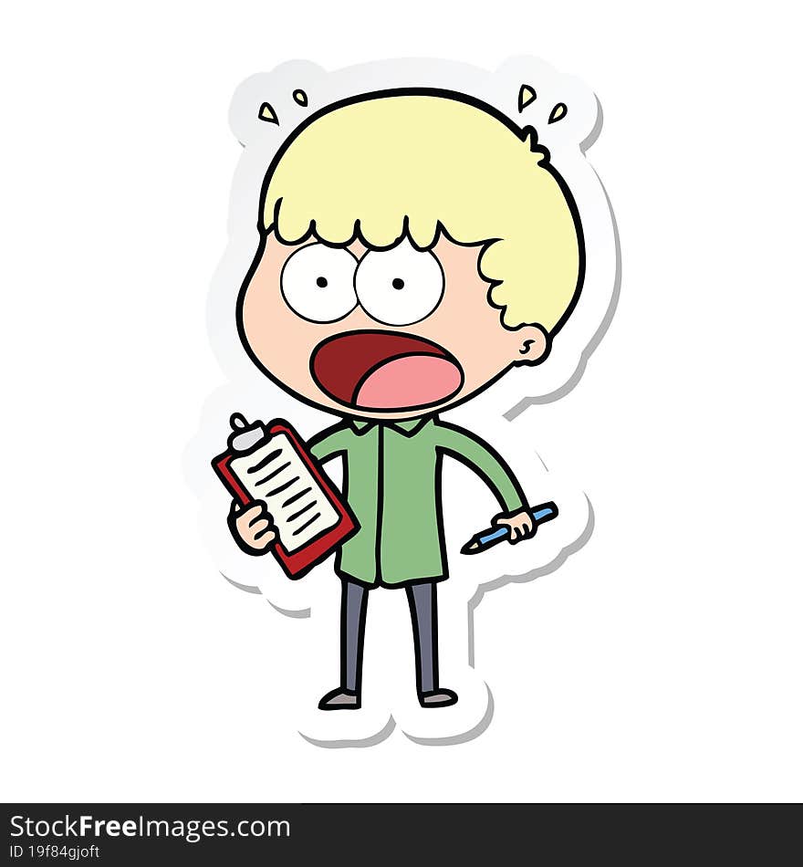 sticker of a cartoon shocked man with clipboard and pen