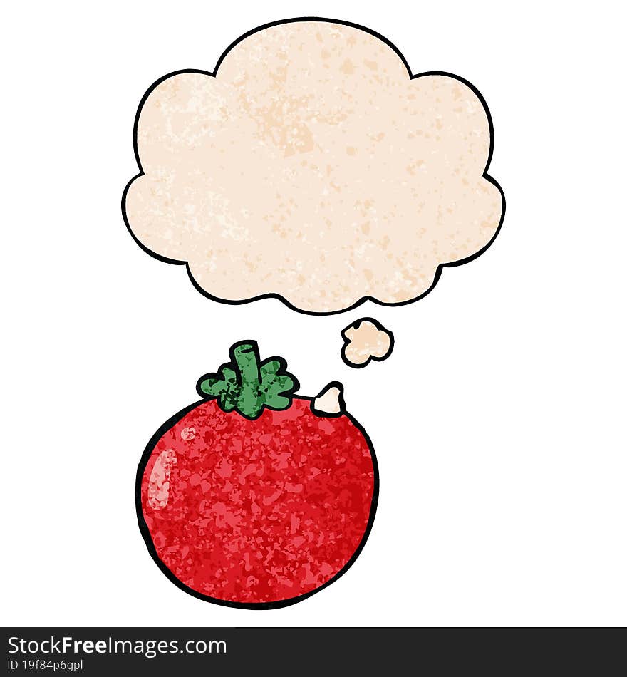 cartoon tomato and thought bubble in grunge texture pattern style