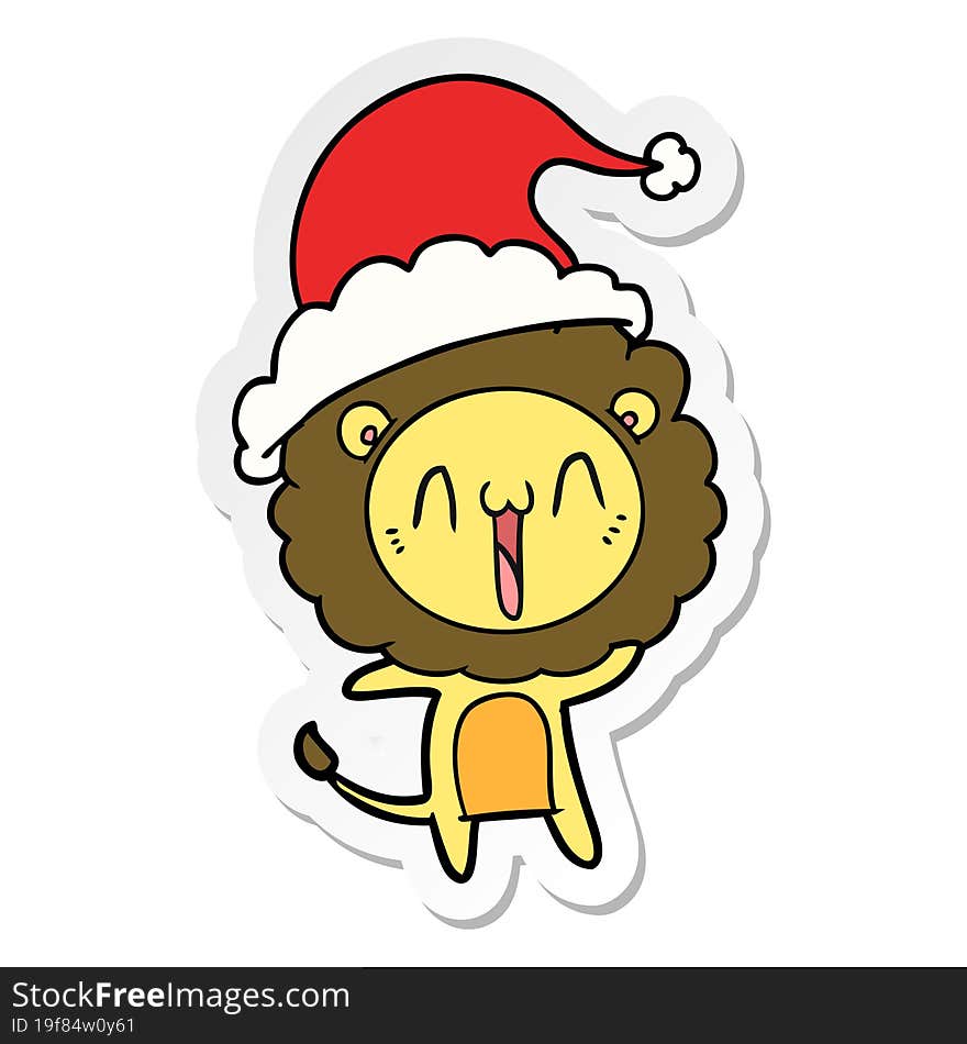 happy sticker cartoon of a lion wearing santa hat