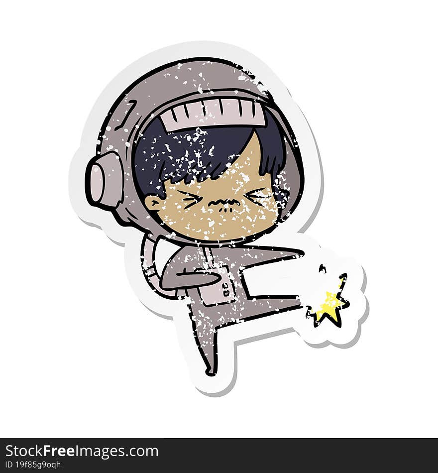 distressed sticker of a angry cartoon space girl stubbing toe