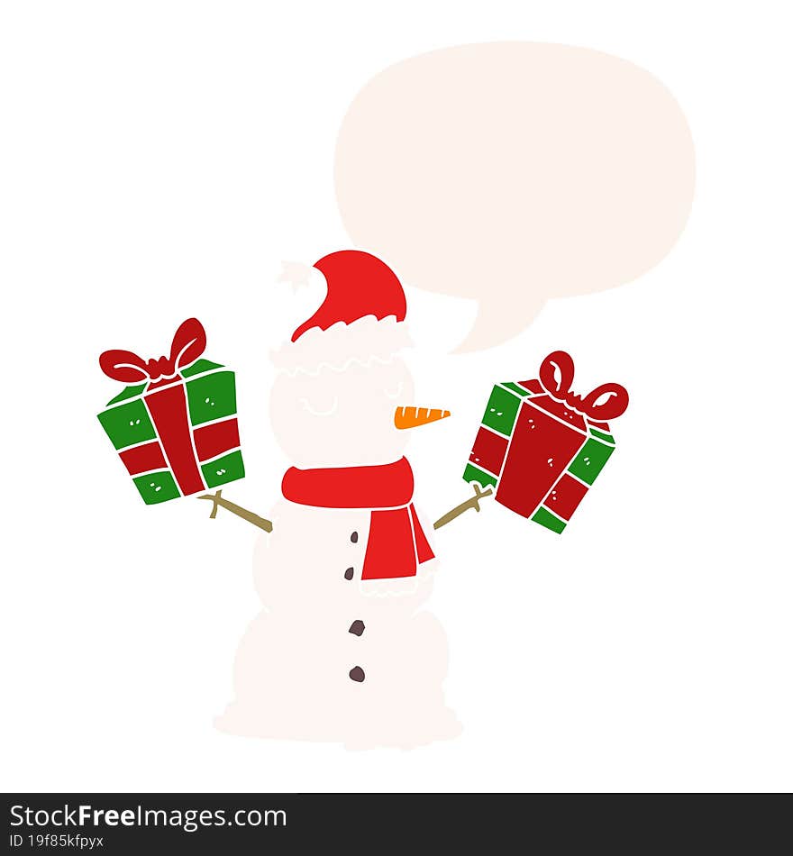 cartoon snowman and speech bubble in retro style