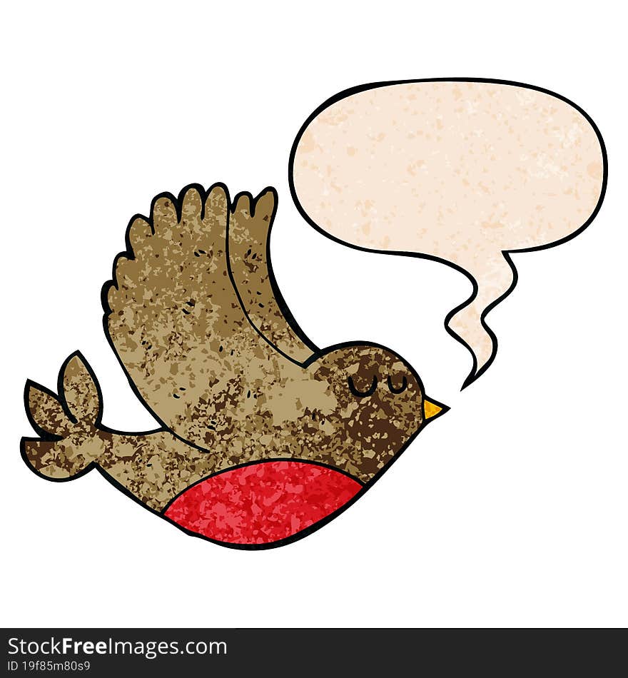 cartoon flying bird with speech bubble in retro texture style