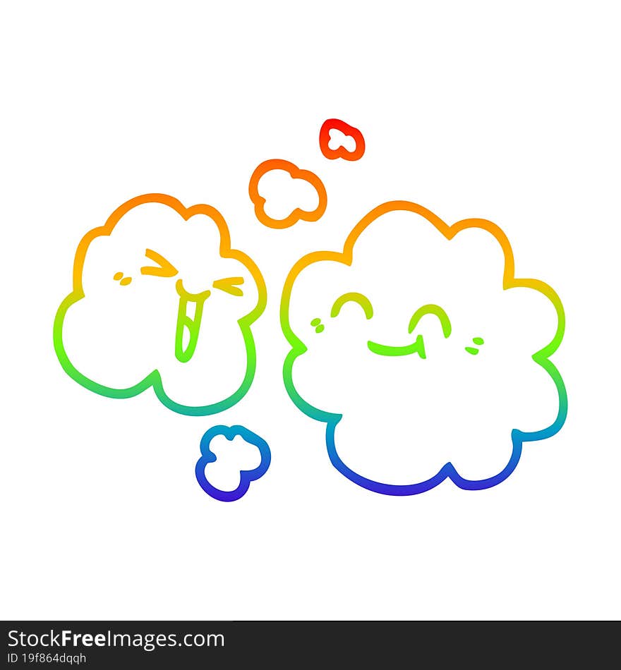 Rainbow Gradient Line Drawing Cartoon White Happy Clouds