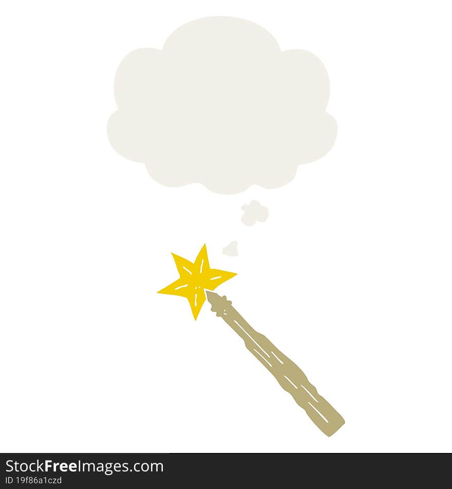 cartoon magic wand with thought bubble in retro style