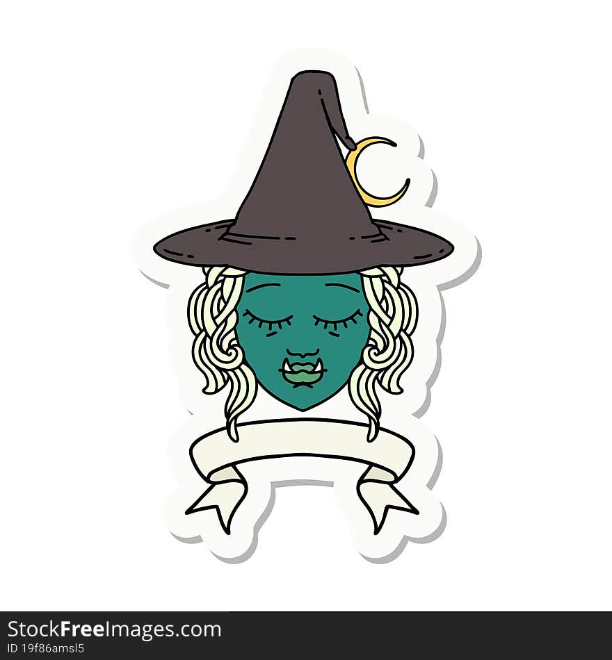 half orc witch character face with banner sticker