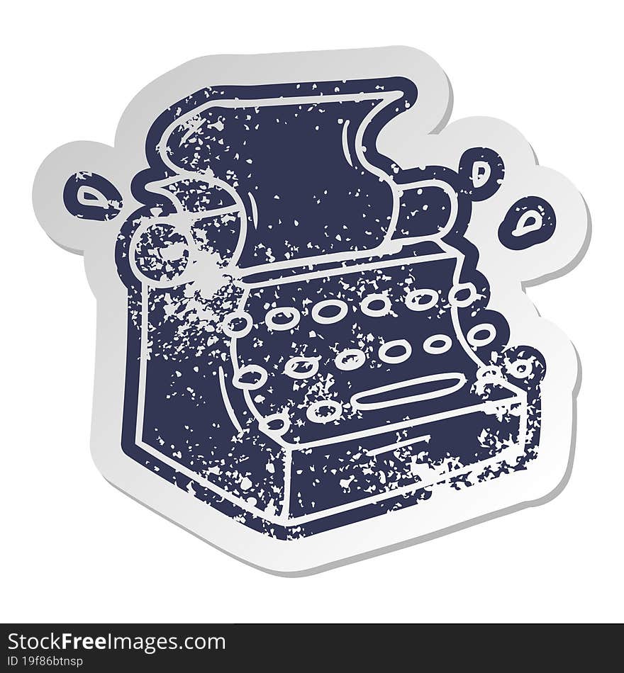 distressed old cartoon sticker of old school typewriter