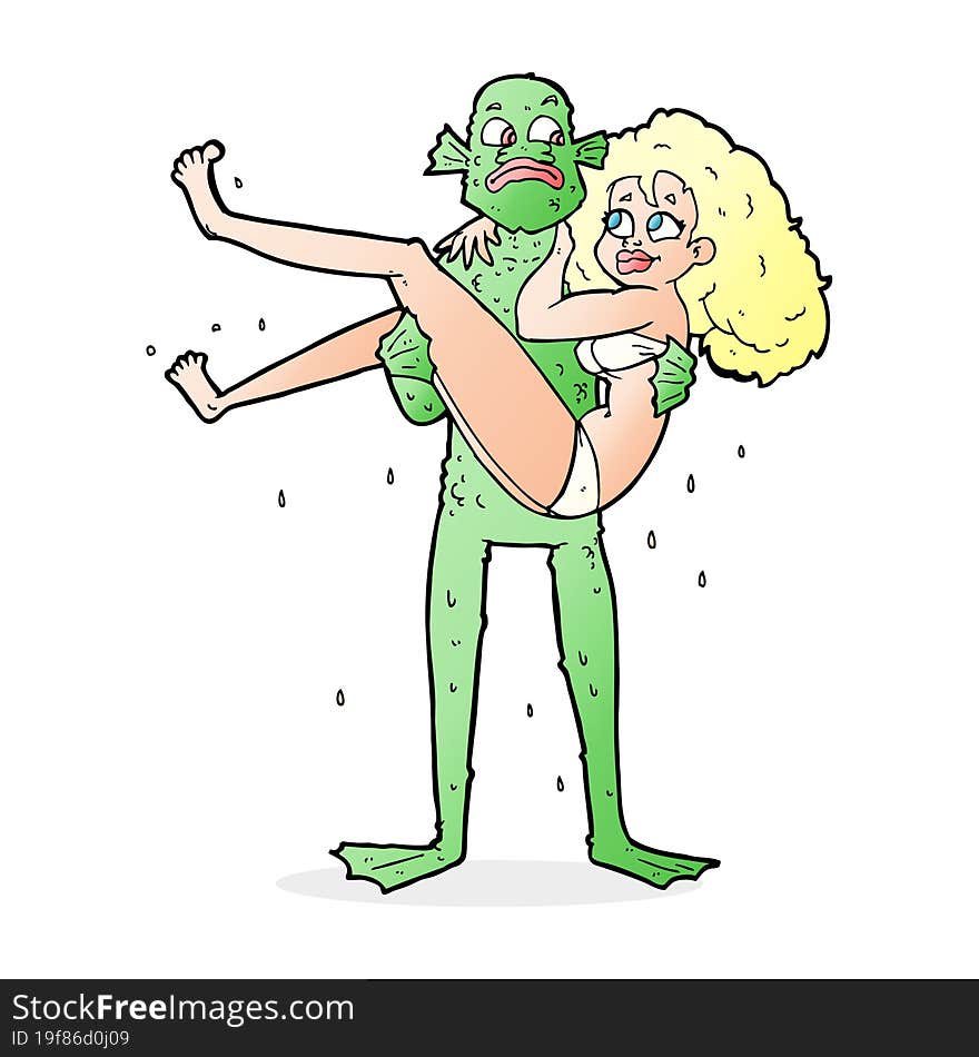 cartoon swamp monster carrying woman in bikini