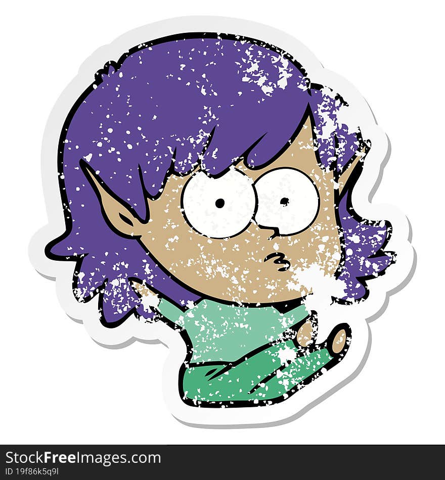 Distressed Sticker Of A Cartoon Elf Girl Staring