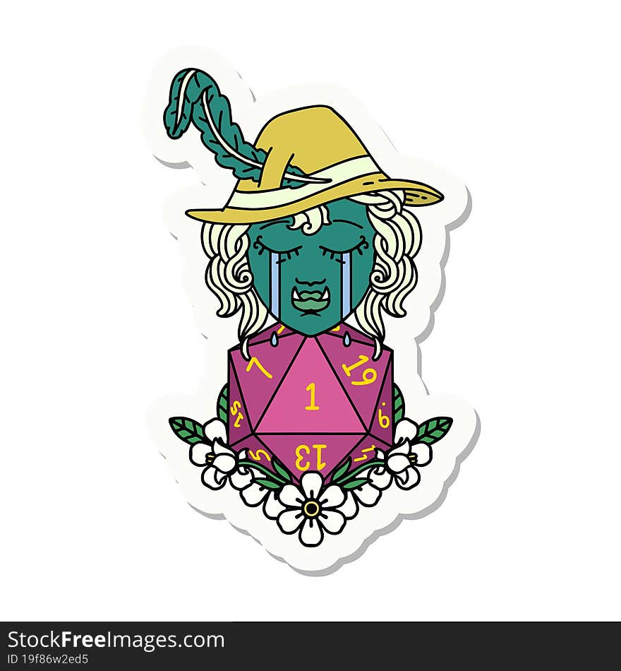 sticker of a sad half orc bard character with natural one d20 roll. sticker of a sad half orc bard character with natural one d20 roll