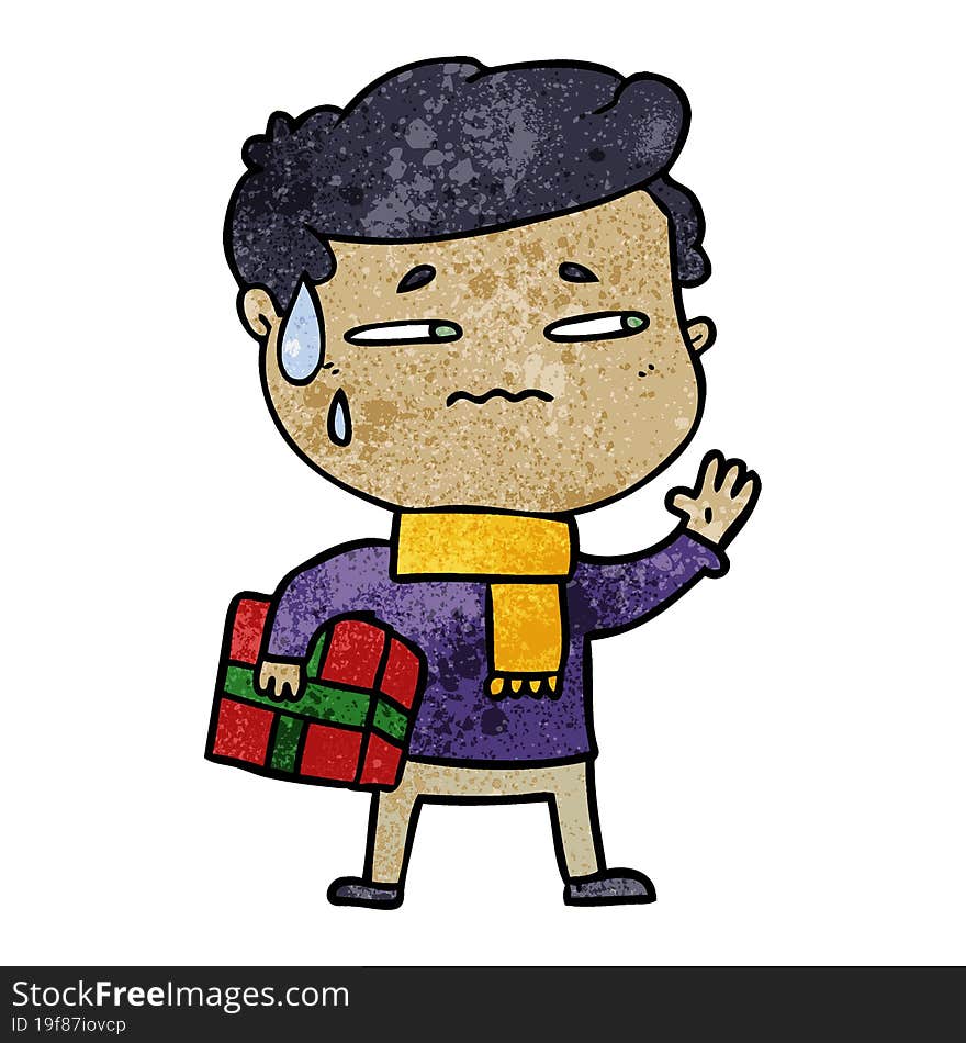 cartoon anxious man with christmas gift. cartoon anxious man with christmas gift