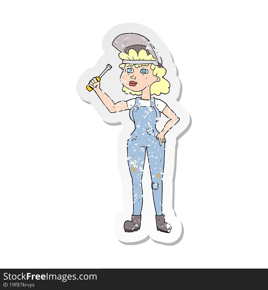 Retro Distressed Sticker Of A Cartoon Female Mechanic