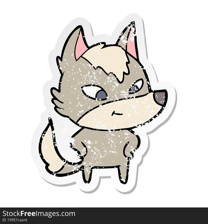 distressed sticker of a friendly cartoon wolf