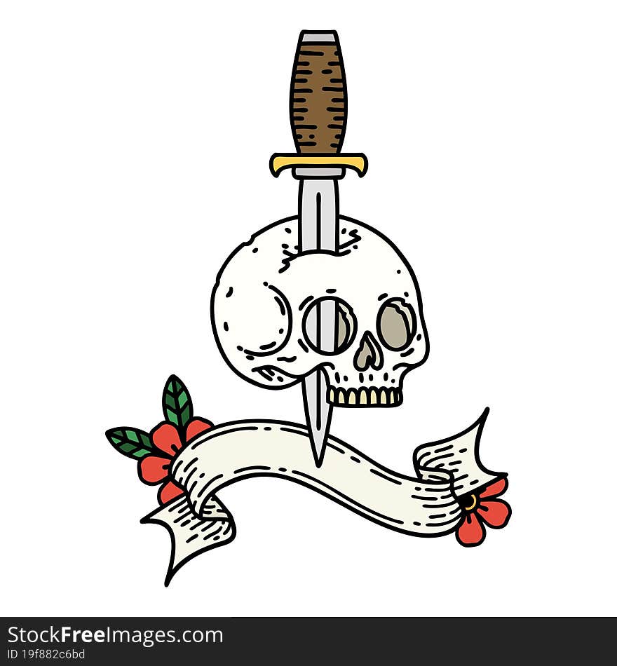 tattoo with banner of a skull and dagger