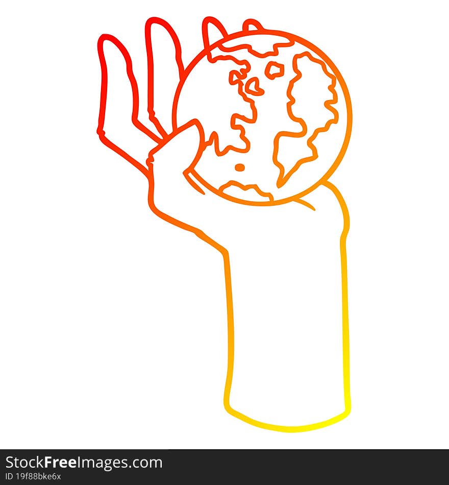 warm gradient line drawing cartoon hand holding whole earth