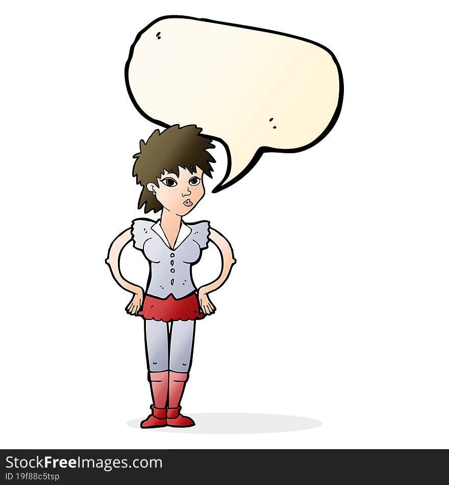 cartoon woman with hands on hips with speech bubble