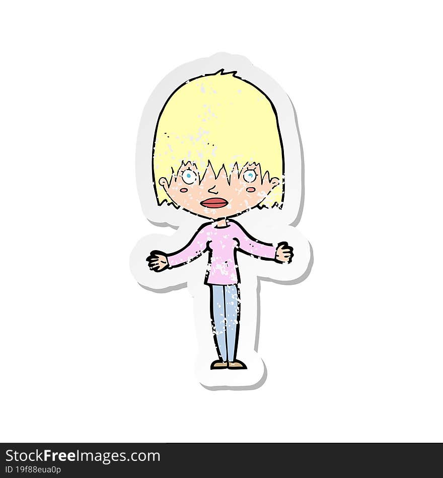 retro distressed sticker of a cartoon woman shrugging shoulders