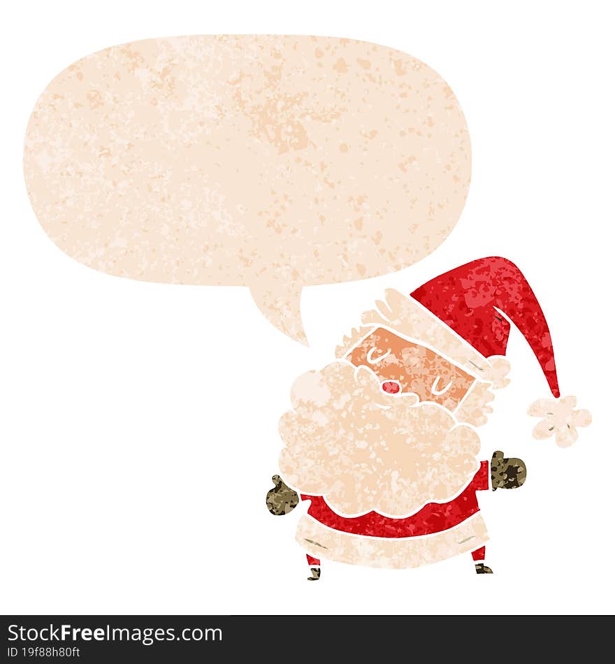 cartoon santa claus and speech bubble in retro textured style