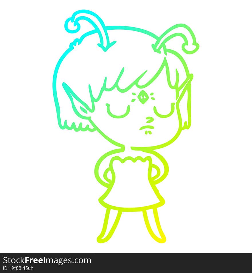 cold gradient line drawing of a cartoon alien girl