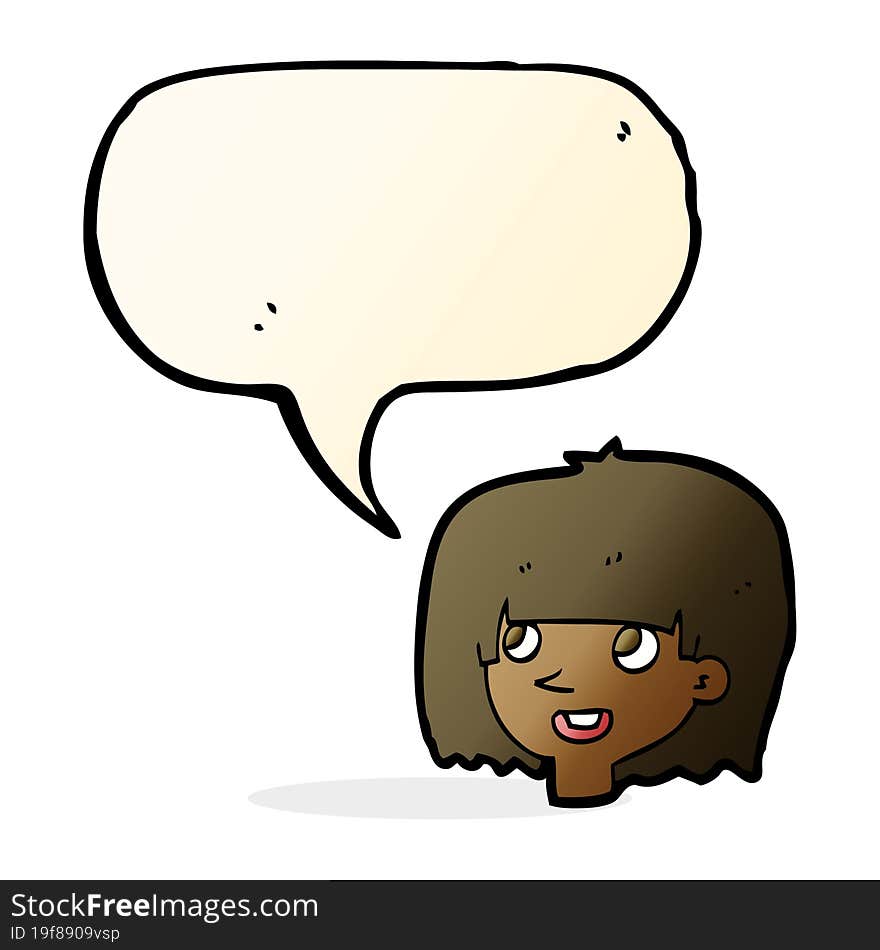 cartoon happy female face with speech bubble