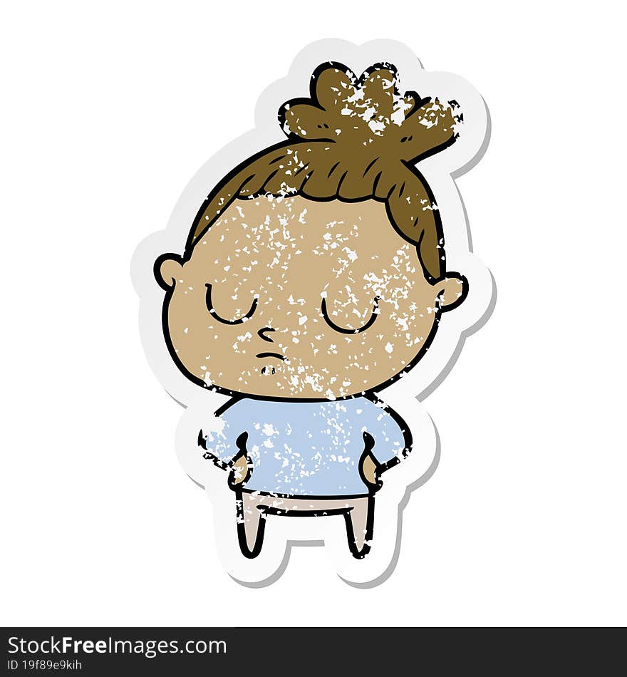 Distressed Sticker Of A Cartoon Calm Woman