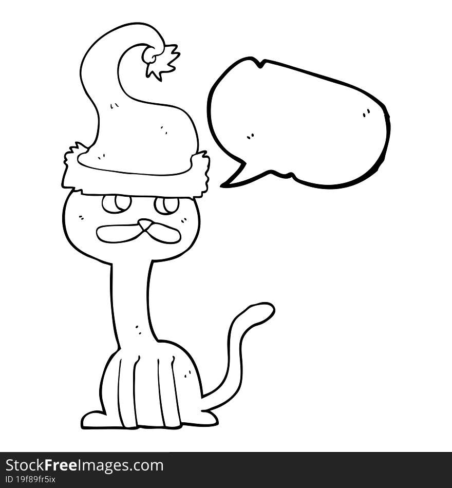 freehand drawn speech bubble cartoon cat wearing christmas hat