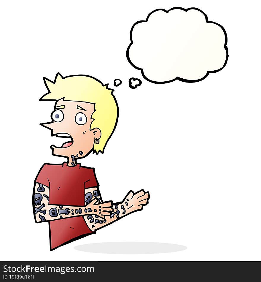 cartoon man with tattoos with thought bubble