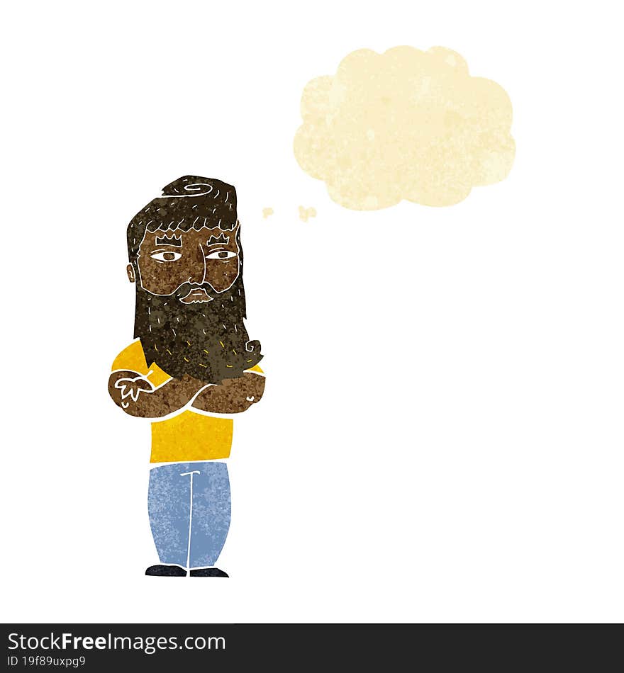 cartoon serious man with beard with thought bubble