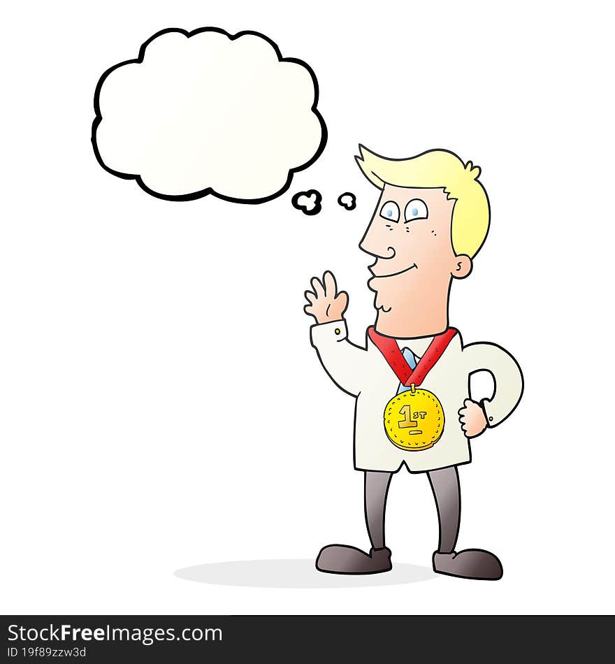 thought bubble cartoon waving man with award