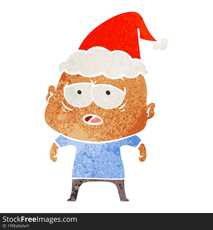 retro cartoon of a tired bald man wearing santa hat