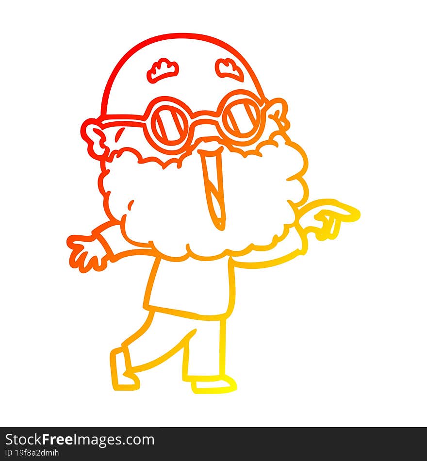 warm gradient line drawing of a cartoon joyful man with beard pointing finger