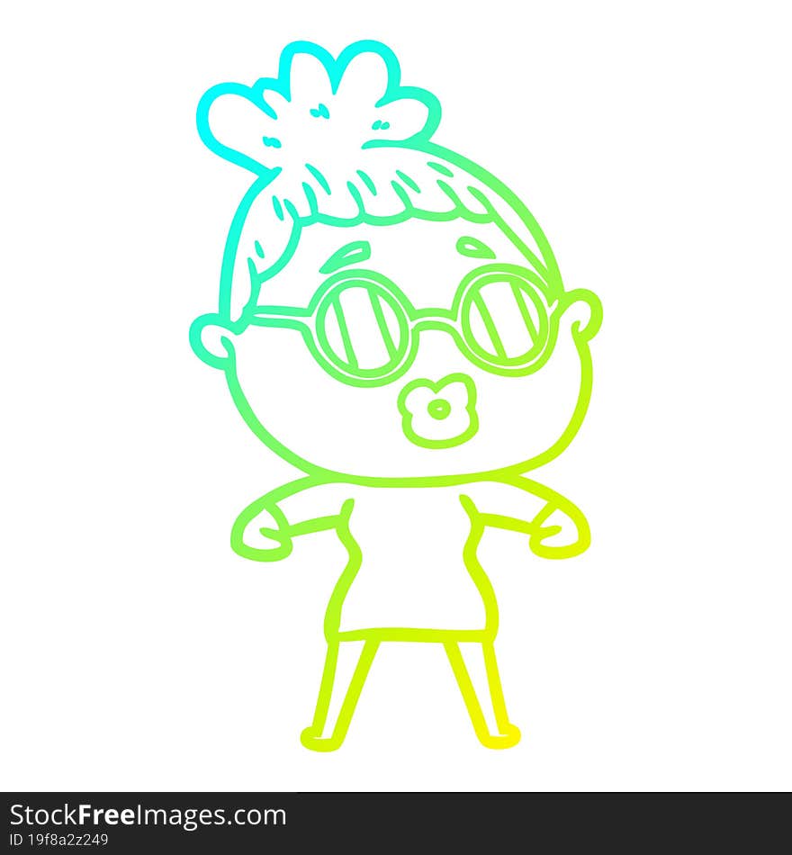 cold gradient line drawing of a cartoon woman wearing spectacles