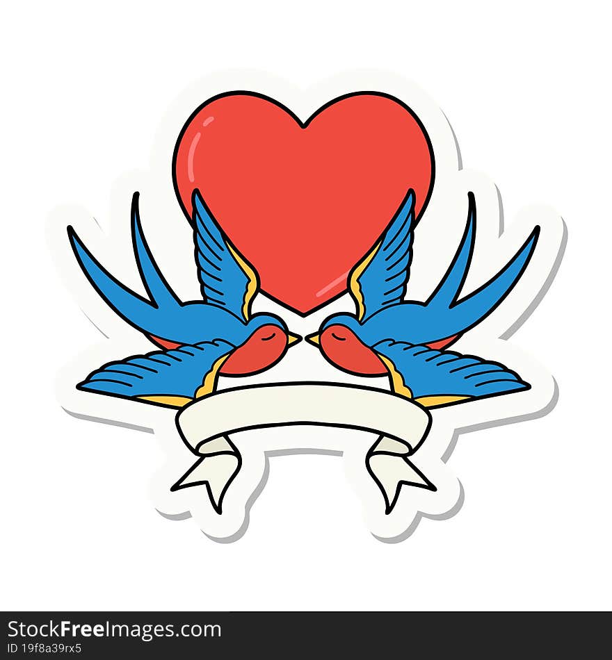 tattoo style sticker with banner of swallows and a heart