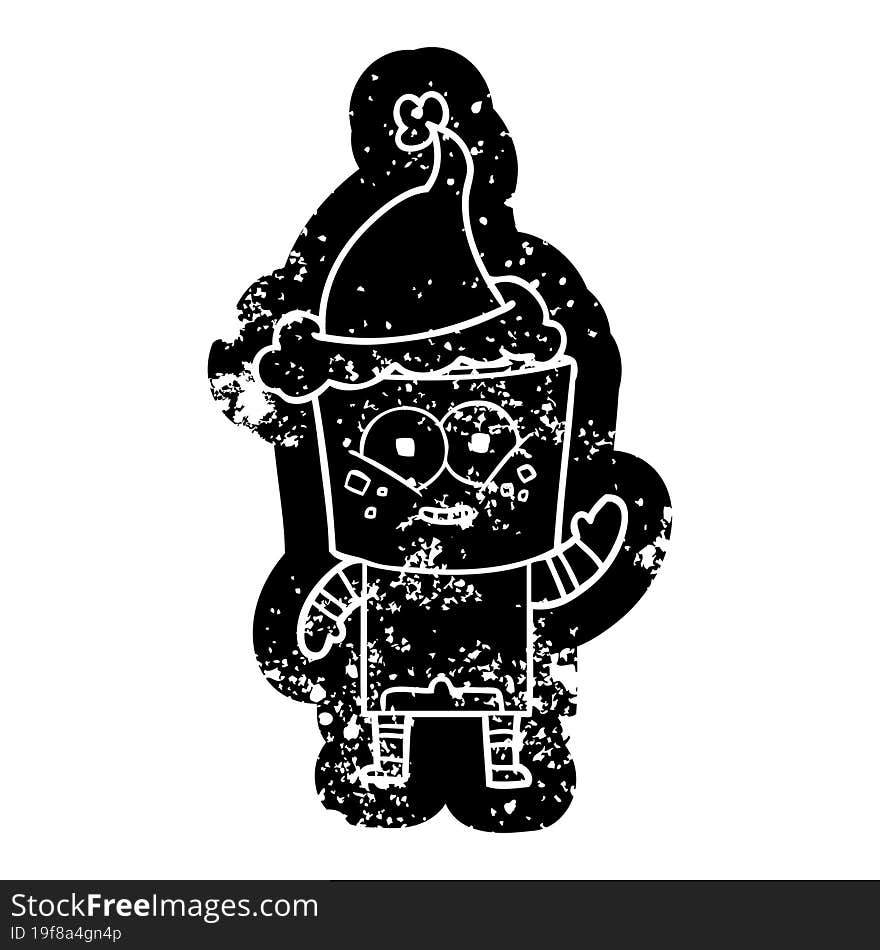 happy cartoon distressed icon of a robot waving hello wearing santa hat