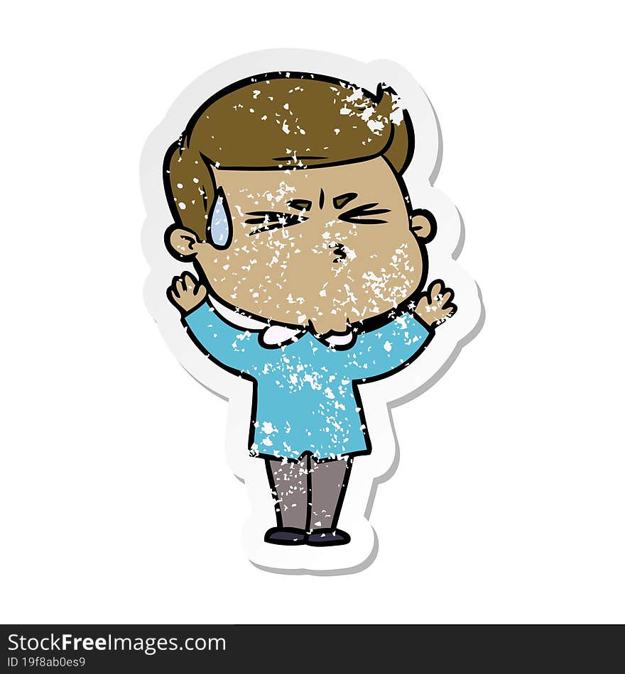 distressed sticker of a cartoon man sweating