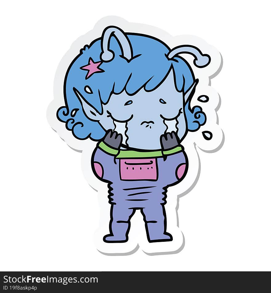 sticker of a cartoon crying alien girl