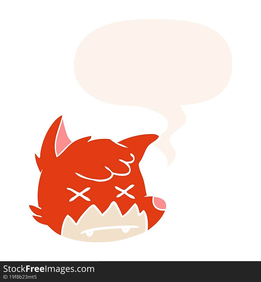 cartoon dead fox face and speech bubble in retro style