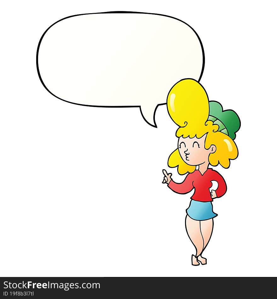 Cartoon Woman And Big Hair And Speech Bubble In Smooth Gradient Style